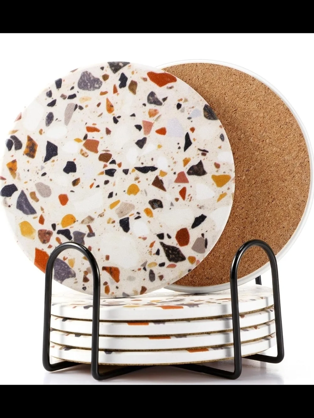 6x Abstract Absorbent Ceramic Marble Coasters with Holder, 4in (Fresh Pattern)